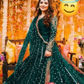 Green Embroidered Shamoz Silk Maxi Suit 3Pcs With Pearls Dupatta