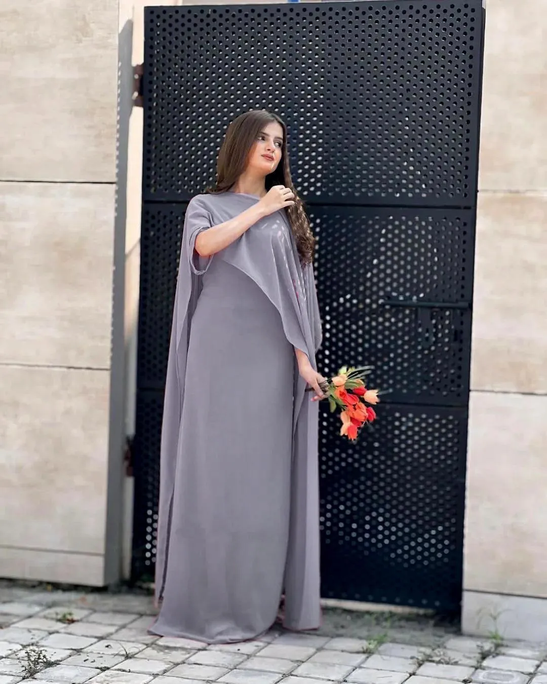 Two Tone Cap Shawl Maxi Dress with Dori Chiffon 9 Colors