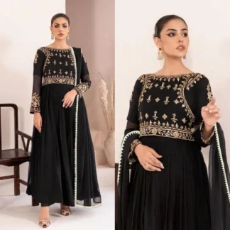 Black Embroidered Maxi Set with Lace Dupatta
