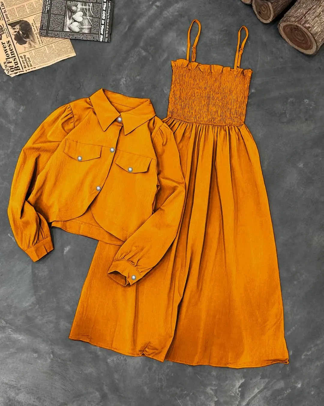 Kaaj Button Coati Frock 2Pcs Orange