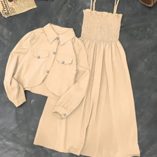 Beige Linen Frock Set 2Pcs with Gazzer Coati Kaaj Button Coati With Gazzer Romper Frock
