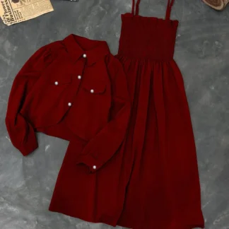 Red Kaaj Button Coati Frock 2Pcs Set