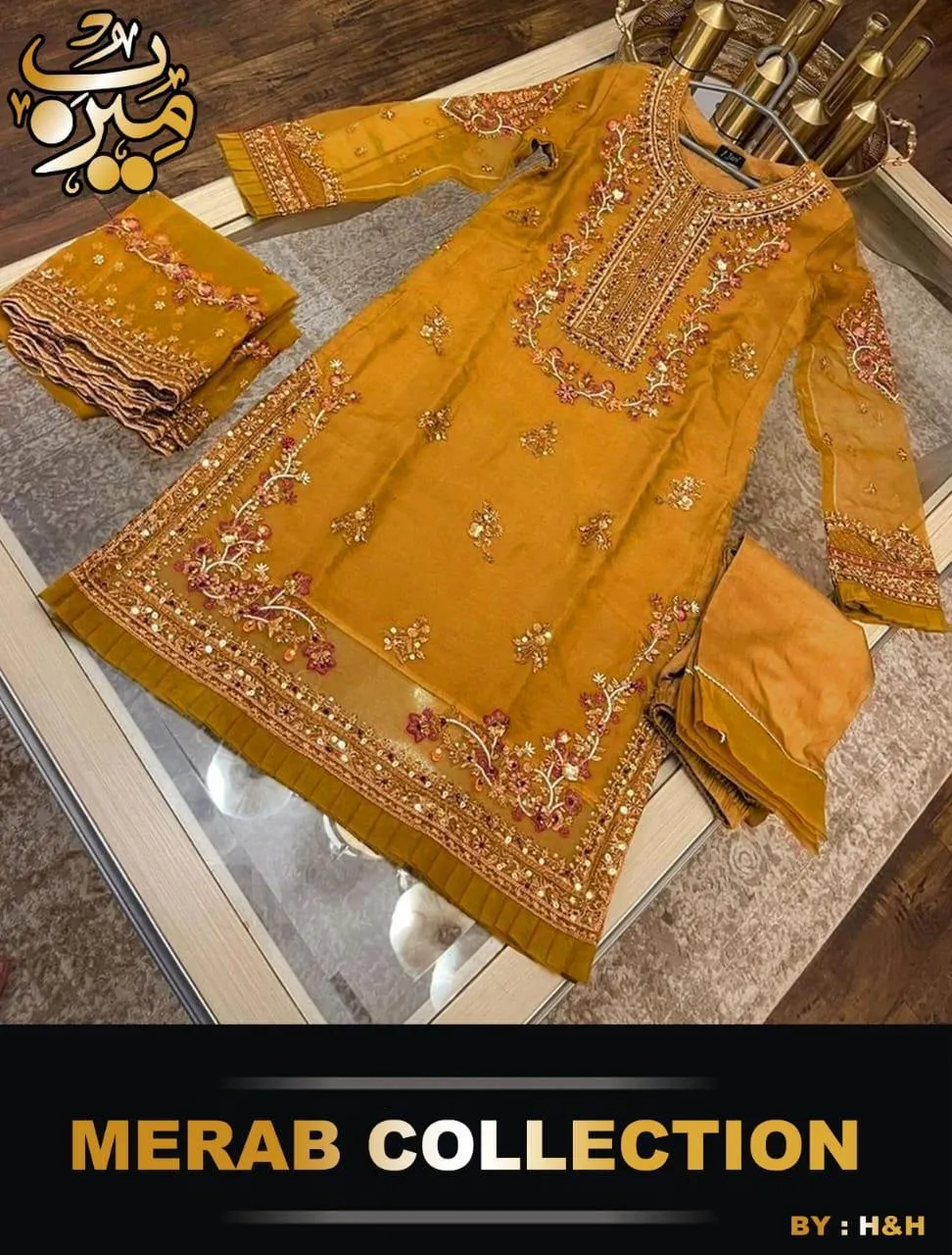 Mustard Handwork 3-Piece Suit for Weddings Eid