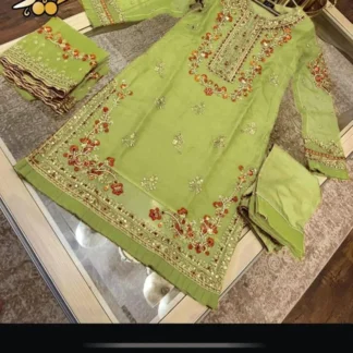 Green Organza 3-Piece Suit for Eid & Weddings