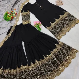 Black Gold Embroidered 3-Piece Shamoz Silk Suit for Eid Parties