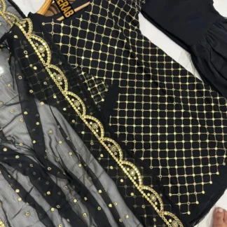 Black Chiffon 3-Piece Suit with Gold Embroidery
