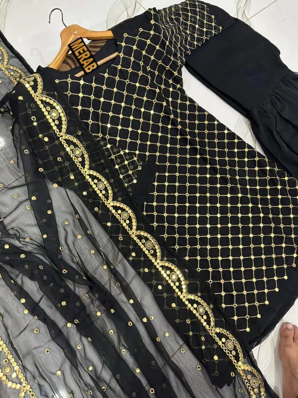 Black Chiffon 3-Piece Suit with Gold Embroidery