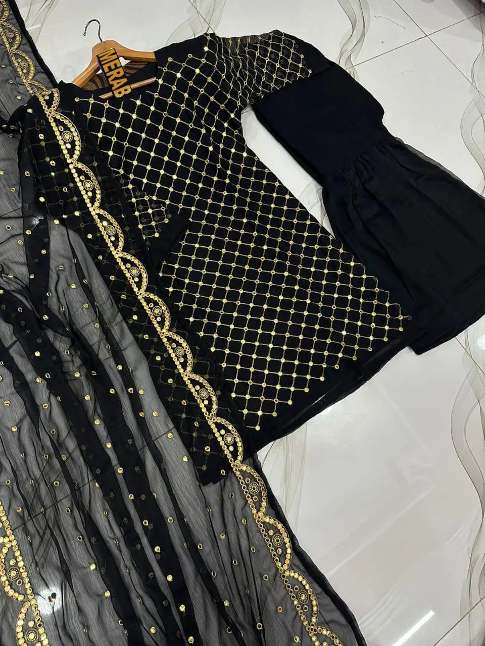 Black Chiffon 3-Piece Suit with Gold Embroidery - Image 2