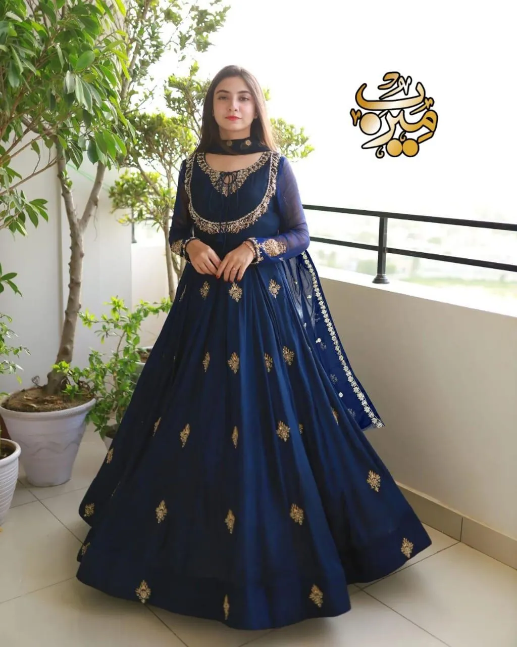 Royal Blue Chiffon Embroidered 3-Piece Suit for Women