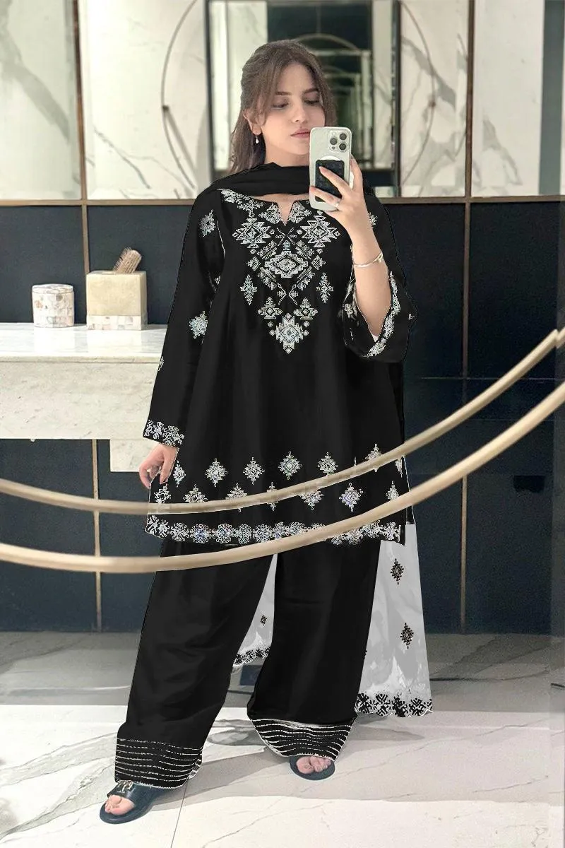 Black Embroidered 3Pcs Cotton Set with Organza Dupatta - Image 3