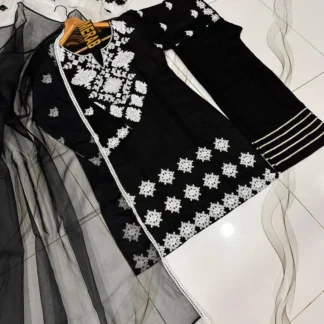 Black Embroidered 3Pcs Cotton Set with Organza Dupatta