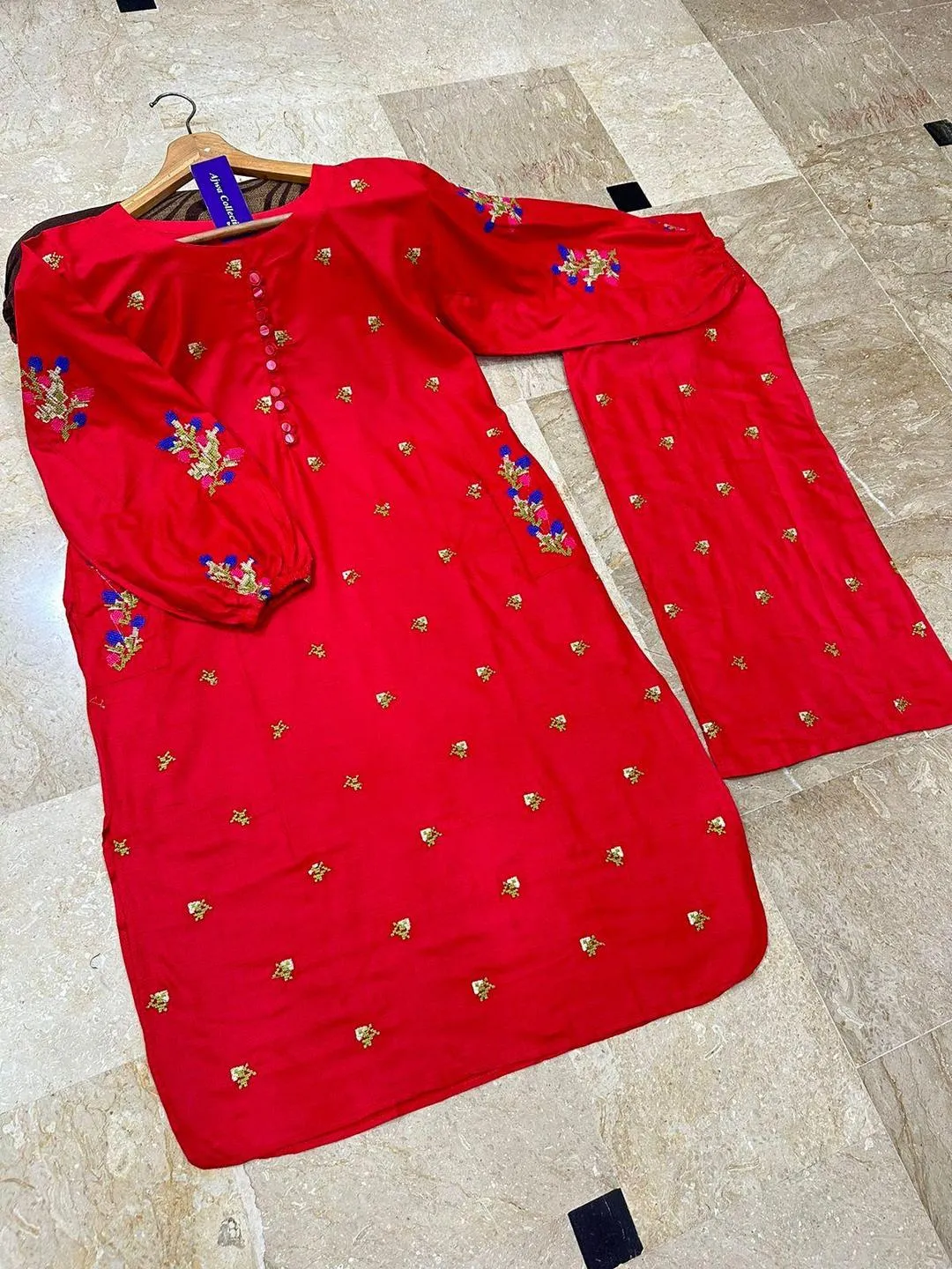 Red Embroidered 2-Piece Women's Set for Eid & Weddings - Image 2