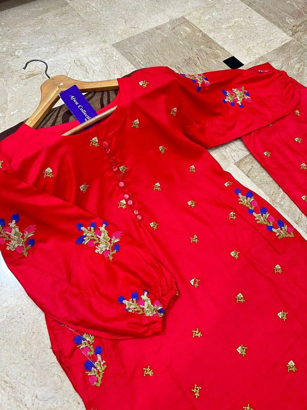 Red Embroidered 2-Piece Women's Set for Eid & Weddings - Image 3