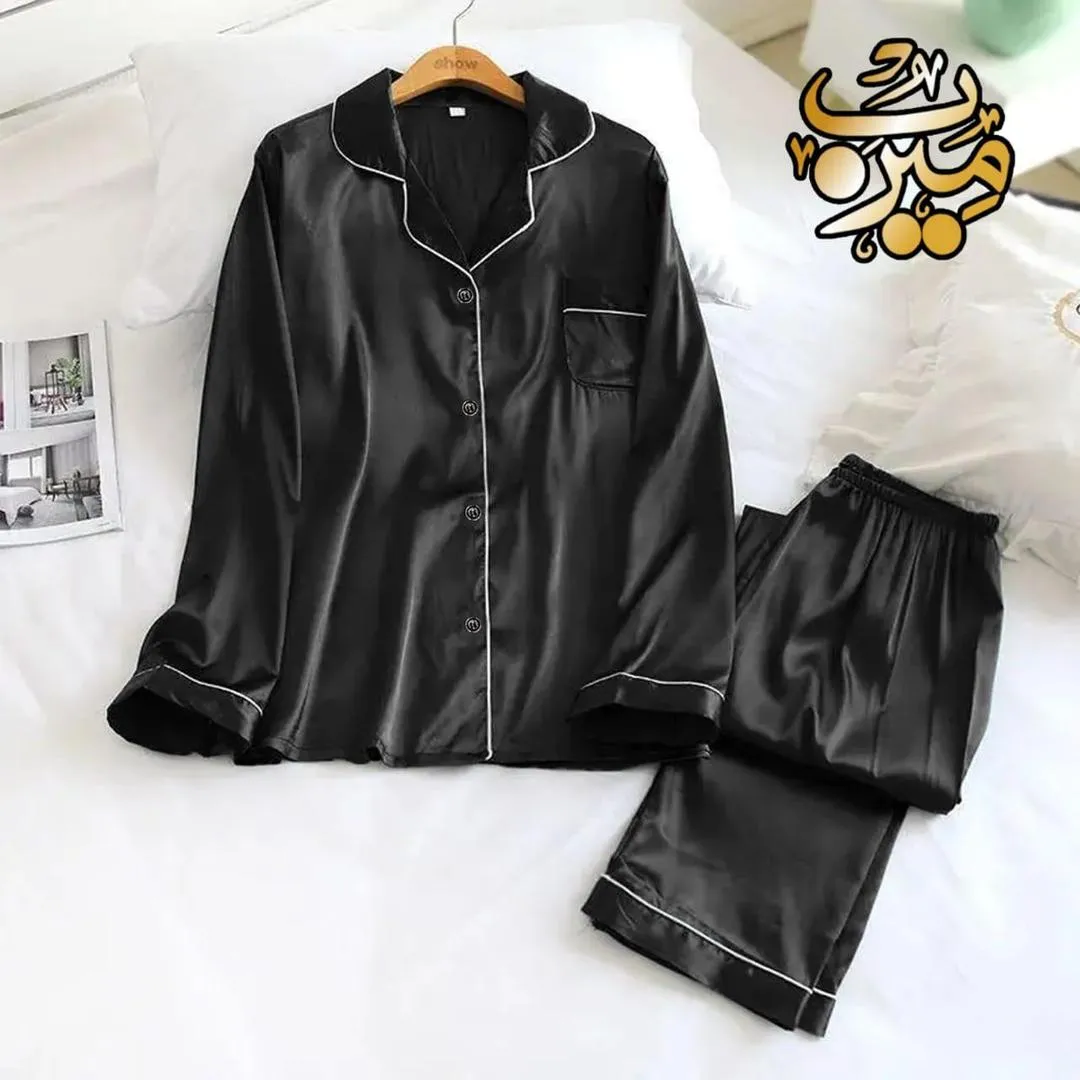 Black Shamoz Silk 2-Piece Women Nightwear Set with White Piping
