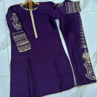 Purple Shamoz Silk 2-Piece Embroidered Set for Women