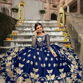 Blue Embroidered Shamoz Silk Maxi Suit 2Pcs Party Wear