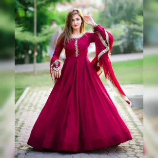 Maroon Chiffon Maxi Suit with Lace Dupatta for Eid Weddings