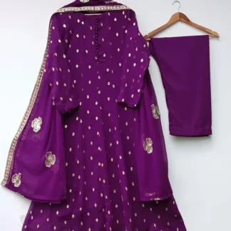 Purple Chiffon 3-Piece Maxi Suit with Gold Embroidery for Eid