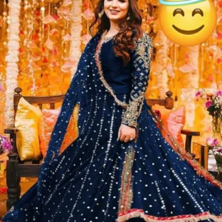 Blue Embroidered Shamoz Silk Maxi Suit 3Pcs With Pearls Dupatta