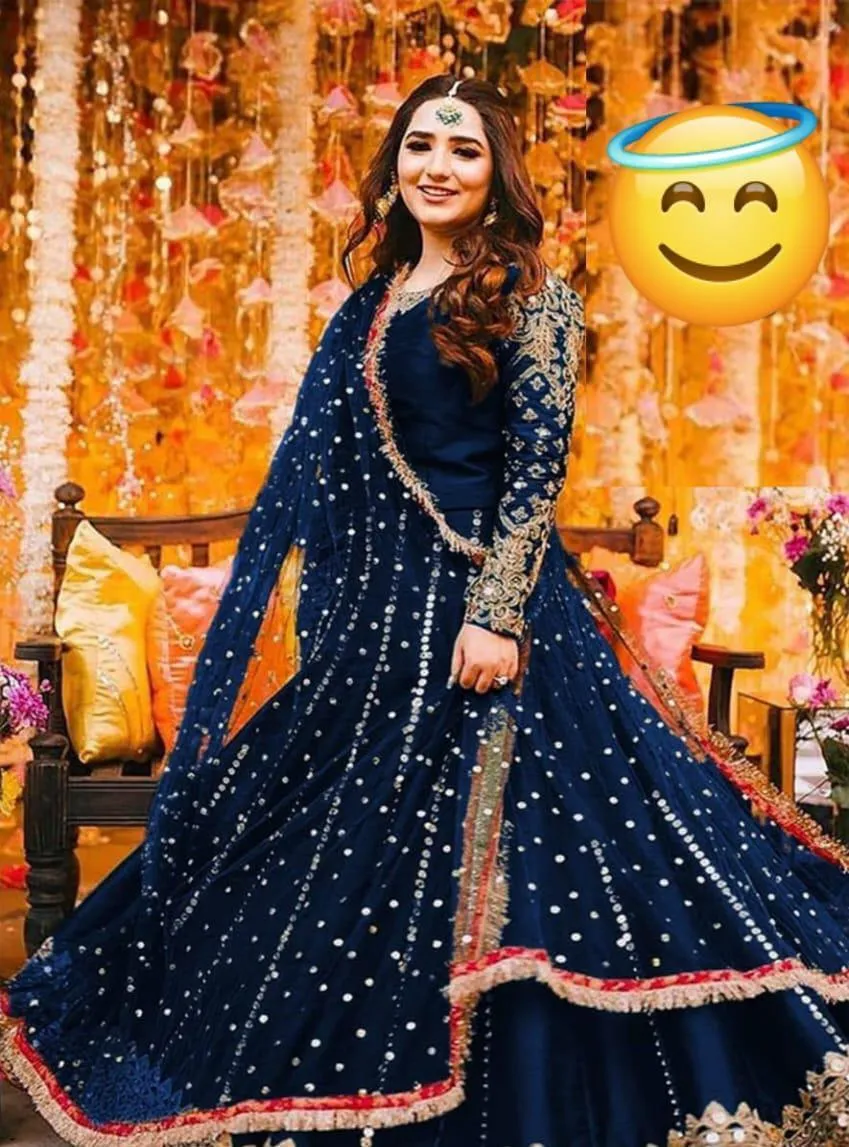 Blue Embroidered Shamoz Silk Maxi Suit 3Pcs With Pearls Dupatta