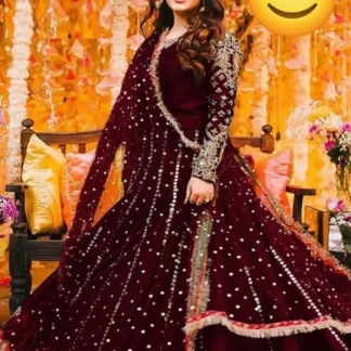 Maroon Embroidered Shamoz Silk Maxi Suit 3Pcs with Pearls Dupatta