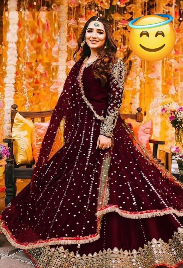 Maroon Embroidered Shamoz Silk Maxi Suit 3Pcs with Pearls Dupatta