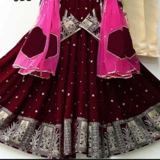 Merab Collection Maroon Pink Embroidered 3-Piece Skirt Set