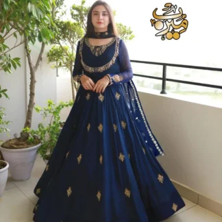 Blue Embroidered Chiffon Maxi Set with Dupatta