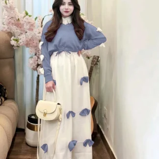 Women Georgette Bow Set Blue Eid Maxi 2Pcs