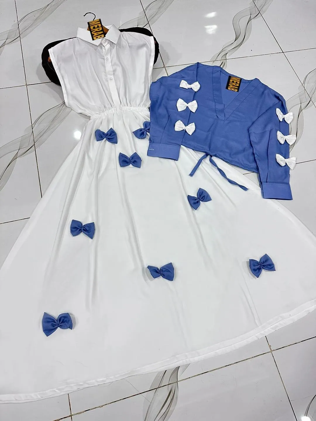 Women Georgette Bow Set Blue Eid Maxi 2Pcs - Image 2