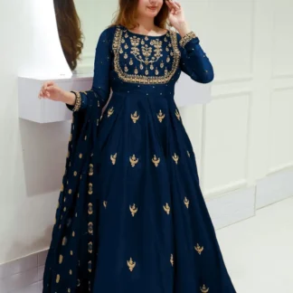 Blue Chiffon Embroidered Maxi Suit with Gold Zarri & Stone Work for Eid