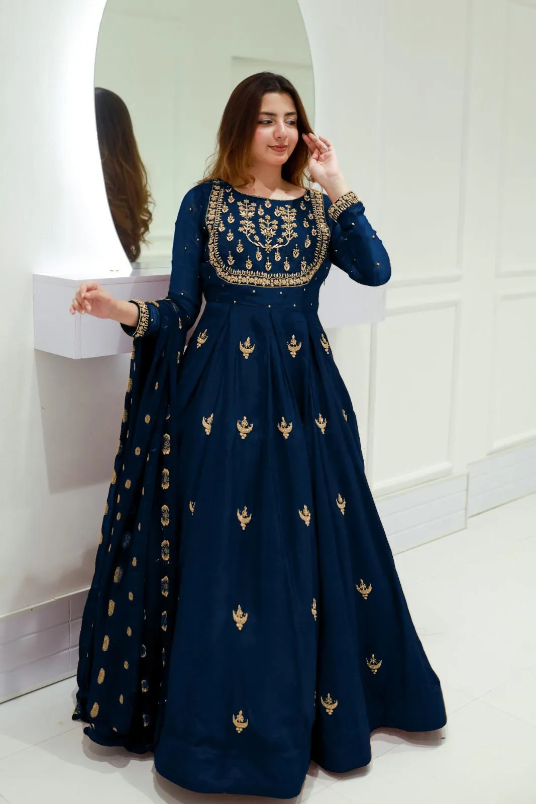 Blue Chiffon Embroidered Maxi Suit with Gold Zarri & Stone Work for Eid