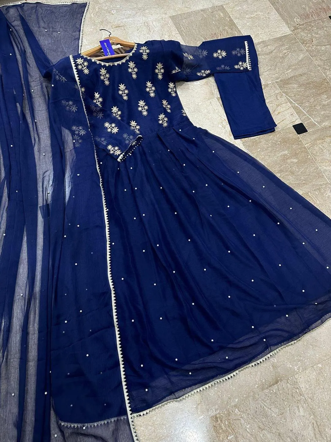 Blue Chiffon Embroidered Maxi Suit with Gold Zarri & Stone Work for Eid - Image 2