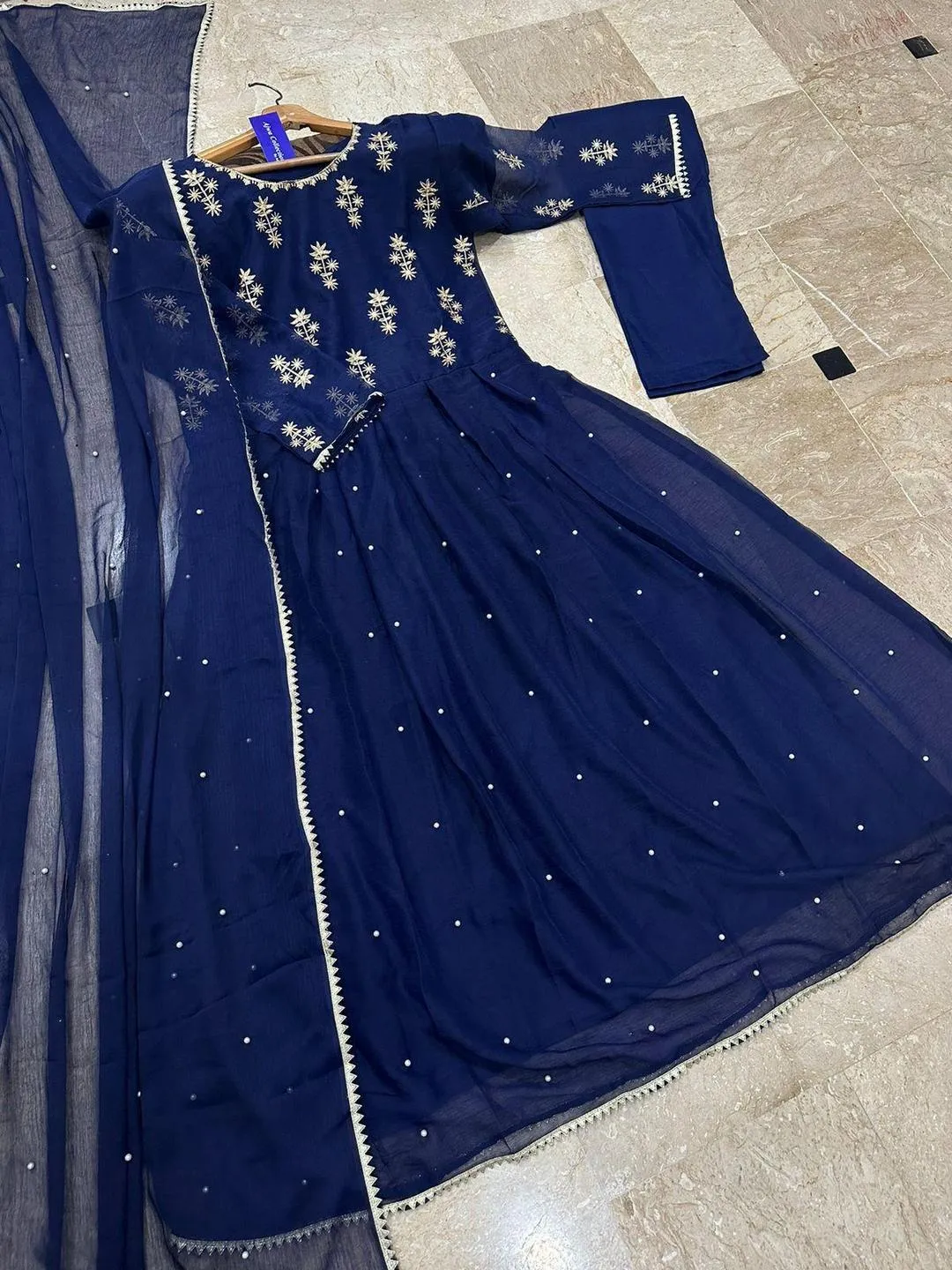Blue Chiffon Embroidered Maxi Suit with Gold Zarri & Stone Work for Eid - Image 3