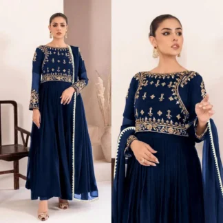 Blue Embroidered Chiffon Maxi Set with Lace Dupatta