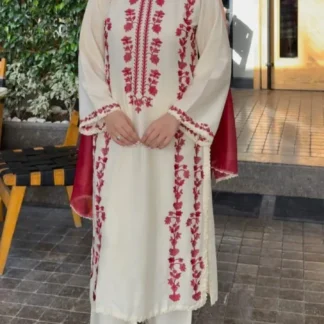 3-Piece Lawn Suit White Red Floral Embroidery for Weddings Eid