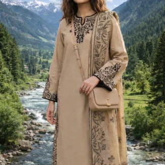 Unstitched Embroidered Lawn Suit Beige for Eid