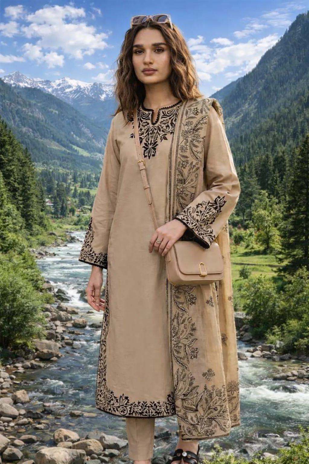 Unstitched Embroidered Lawn Suit Beige for Eid