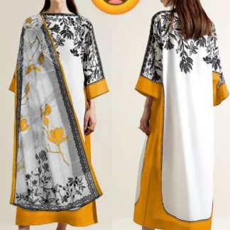 Women's 3Pcs Digital Print Kaftan Suit Yellow Lawn