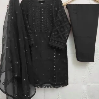 Black Embroidered 3Pcs Women Suit with Pearls & Dupatta