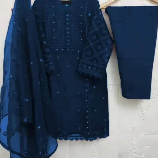 Blue Embroidered 3Pcs Women Suit with Pearls & Dupatta