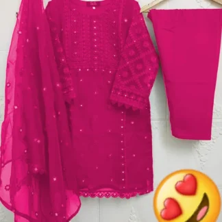Pink Embroidered 3Pcs Women Suit Organza Malai Crepe