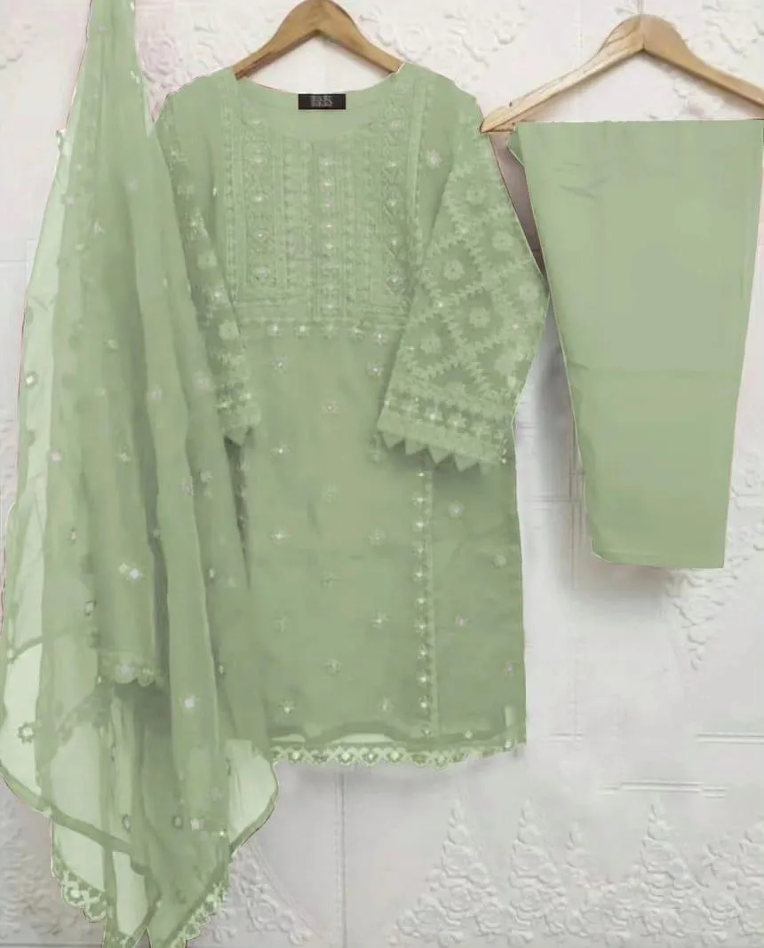 Green Embroidered 3Pcs Women Suit with Pearls - Image 2