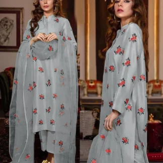 Grey Shamoz Silk 3-Piece Eid Suit with Rose Embroidery
