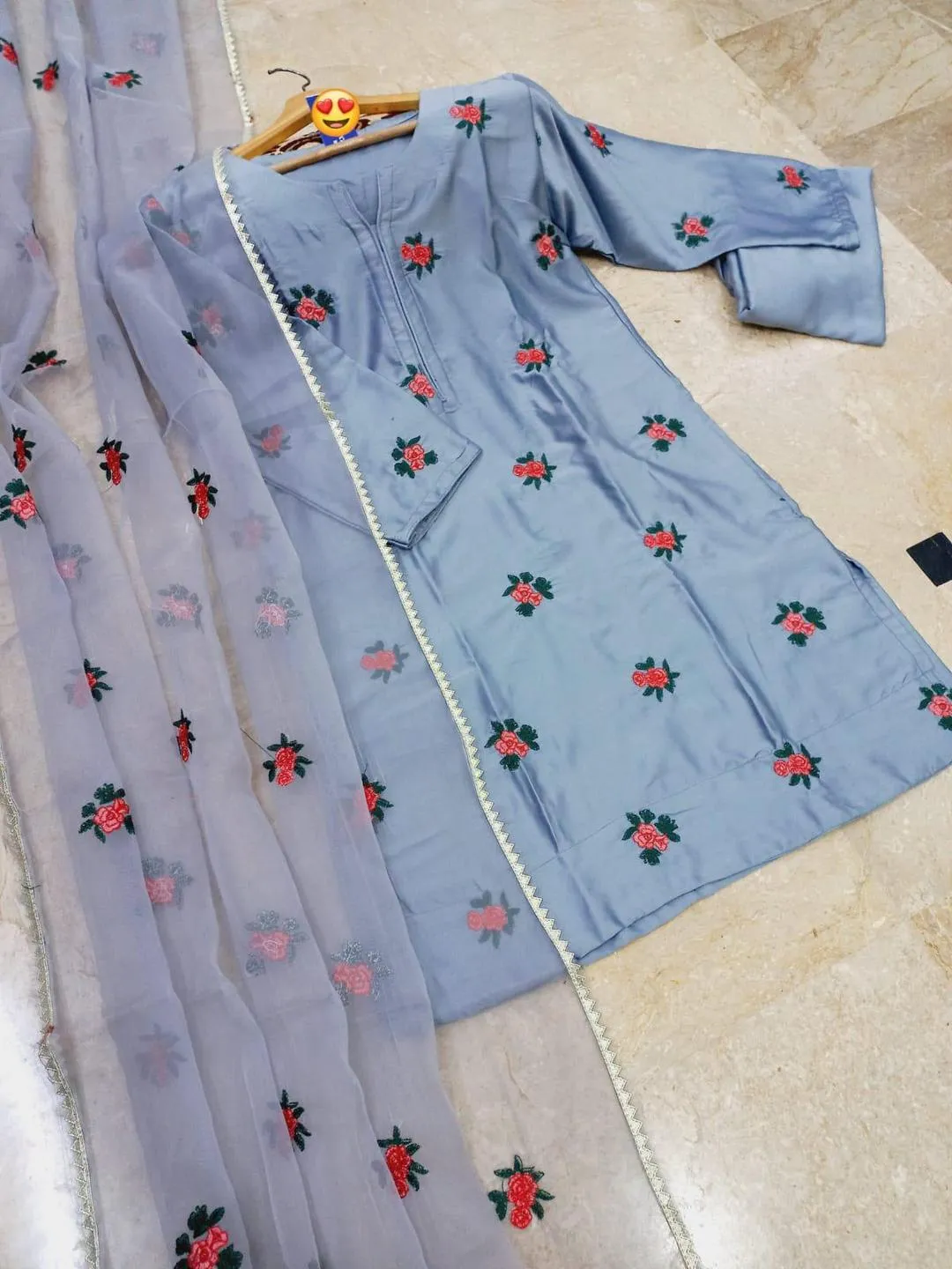 Grey Shamoz Silk 3-Piece Eid Suit with Rose Embroidery - Image 2