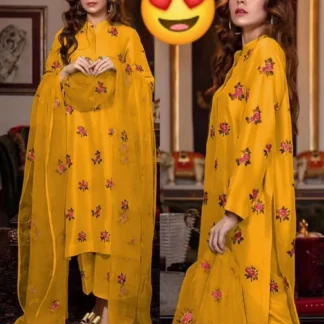 Mustard Rose Embroidered 3-Piece Shamoz Silk Suit for Women