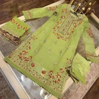 Green Organza 3Pcs Handwork Eid Party Suit