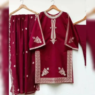 Maroon 3-Piece Shamoz Silk Eid Suit with Embroidery