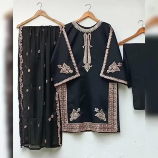 Black Embroidered 3-Piece Shamoz Silk Suit for Eid & Weddings