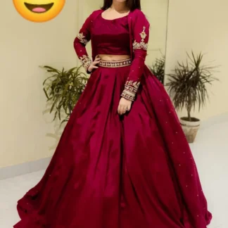 Maroon Pearl Embroidered Gown & Skirt Set